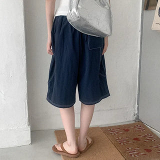 Stitched elastic waist half pants