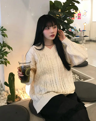 V-neck Cable Balloon Sleeve Long Knit