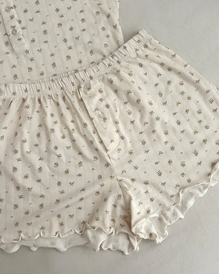 Flower Henley Neck Scallop Short Sleeve Shirt & Pants Set
