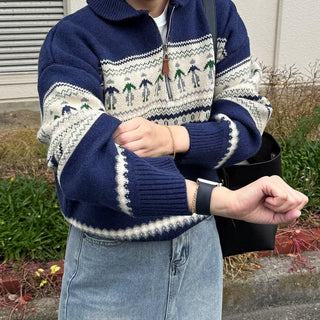 Patterned Half-Zip Knit Sweater