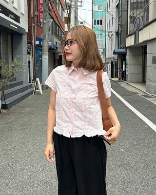 Checked pintuck detail short-sleeved blouse