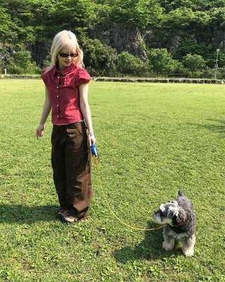 Checked shirred short-sleeved blouse