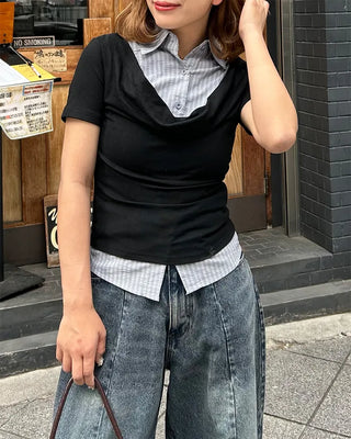 Drape neck layered short-sleeved shirt