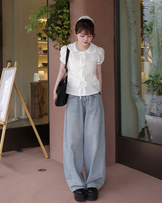 Round collar ribbon detail blouse