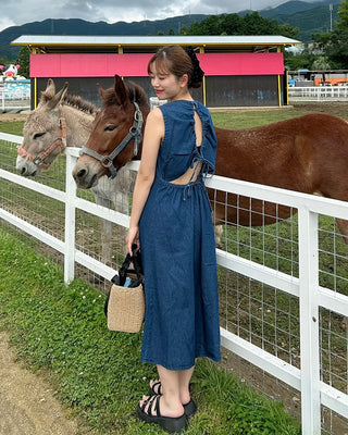 Back-slit denim long dress