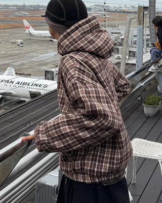 Boa-lined check hooded jacket