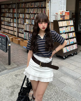 Shirred tiered pleated mini skirt