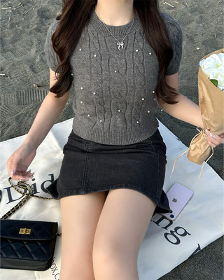 Pearl Cable Knit Short Sleeve Knit