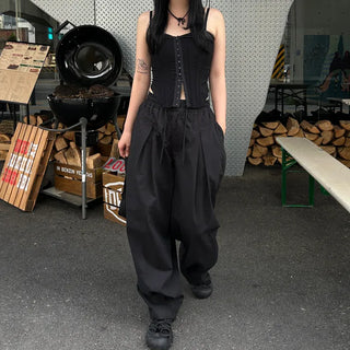 Unisex wide-leg elastic waist pants with two pleats
