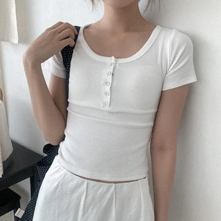 Ribbed Button U-Neck T-Shirt