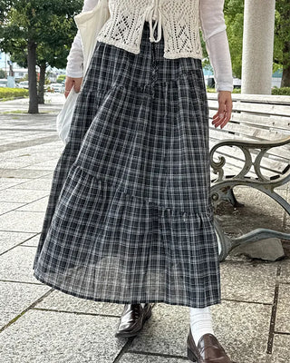 Checked Shirred Long Skirt