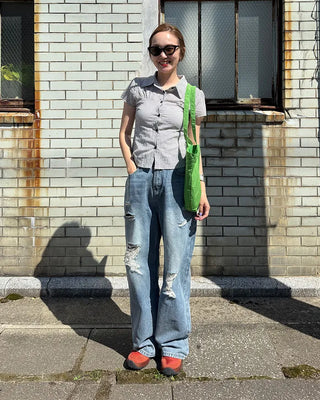 Distressed wide-leg denim pants