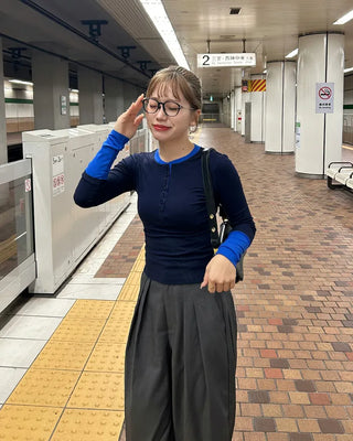 Color-layered button-up long-sleeve T-shirt