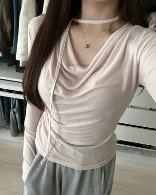 Drape neck strap point long sleeve shirt
