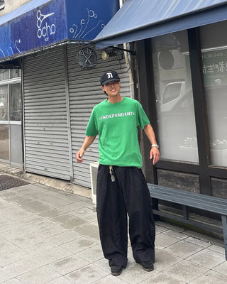 Double-pleated striped slacks