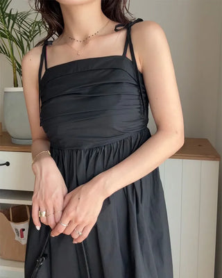 Side-tucked flared long dress