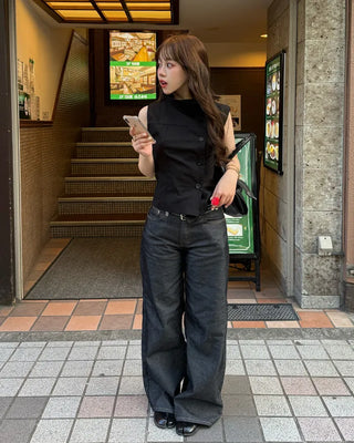 High-neck button-down sleeveless top