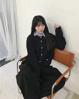 Gold Button Square Pocket Ribbed Cardigan