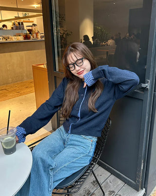 Checked two-tone knit cardigan