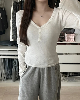 V-neck perforated button long-sleeve shirt