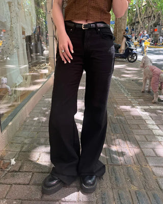 Low-waist semi-wide cotton pants