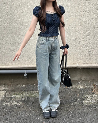 (Set) Polka Dot Puff Blouse and Scrunchie