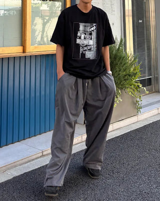 Wide-leg slacks with elastic waistband