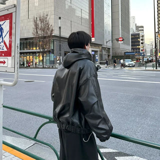Leather hooded pocket jacket