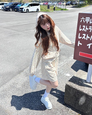 Flower zip hoodie & shorts set