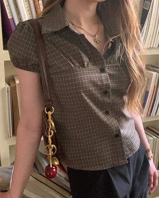 Checked cap-sleeve shirt blouse