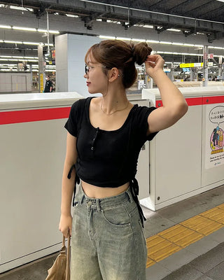 Side Shirring Button Half Sleeve T-Shirt