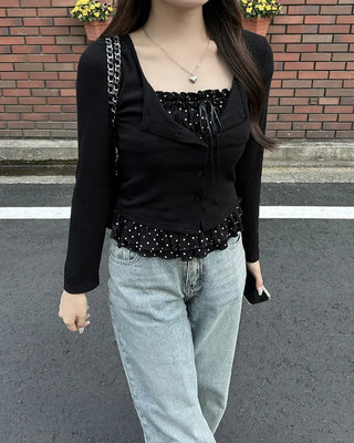Polka Dot Frill Sleeveless Top & Cardigan Set