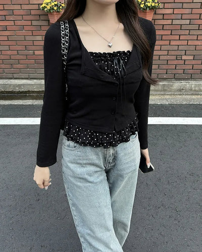 Polka Dot Frill Sleeveless Top & Cardigan Set