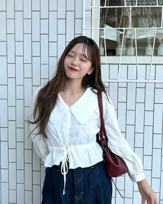 Big collar shirred waist blouse