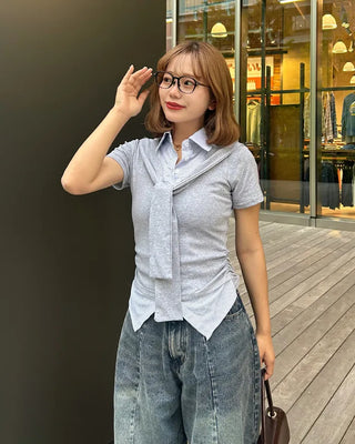 Tie-layered short-sleeved shirt