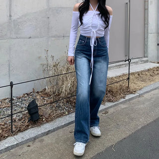 High-waisted washed denim wide-leg pants