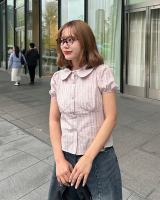 Round collar check short-sleeved blouse