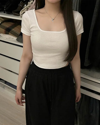Square neck crop short-sleeved T-shirt