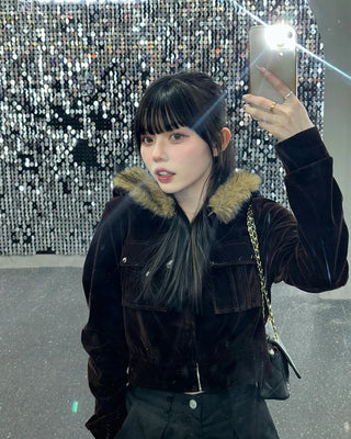Velvet fur hooded cardigan