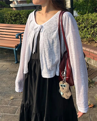 Ribbon knot sheer knit cardigan