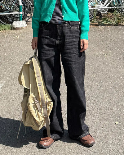 Non-faded wide denim pants