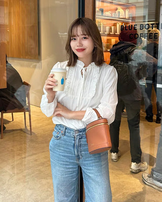 Frill neck ribbon blouse