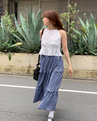 Checked tiered long skirt