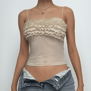 Ruched ruffle sheer mesh cami top