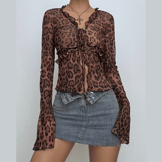 Leopard print long flared sleeve mesh ruffle self tie top