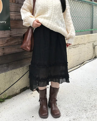 Sheer ruffle layered midi skirt