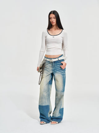 Color-Blocked Equestrian Wide-Leg Jeans