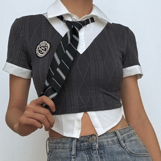 Textured short sleeve patchwork necktie turnover collar crop top
