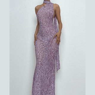 Halter one shoulder leopard print sheer mesh maxi dress