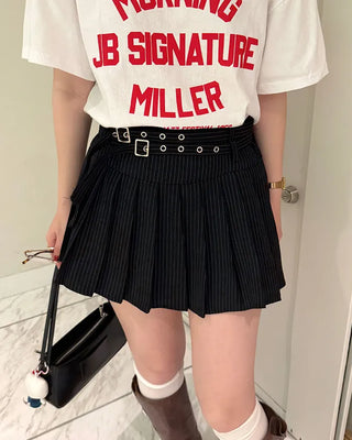 Double-belted pinstripe mini skirt